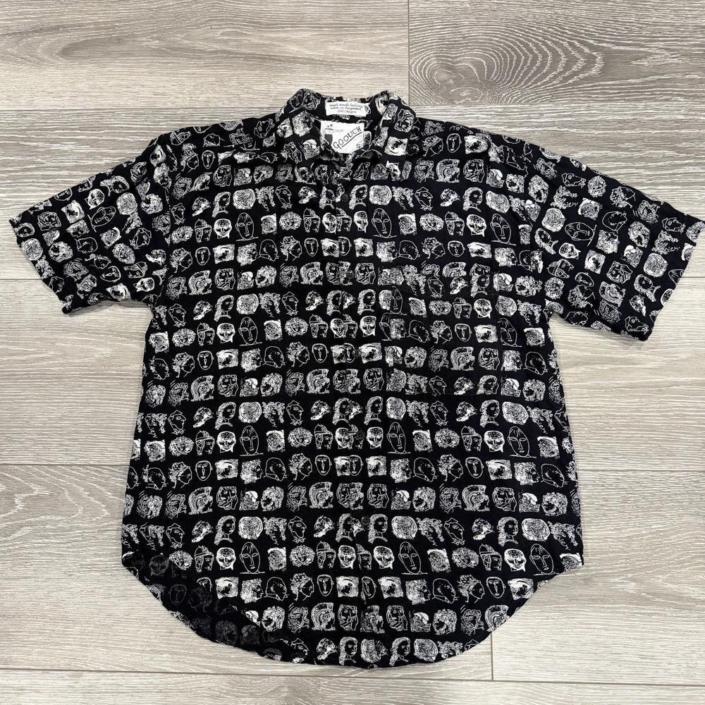 COOUCH Men's S Black White Face Print Rayon Button Up Shirt Short Sleeve Art Y2K